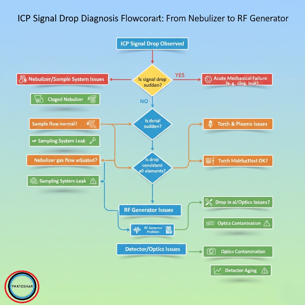 نمودار فلوچارت تشخیص علت افت سیگنال در دستگاه ICP از Nebulizer تا RF Generator