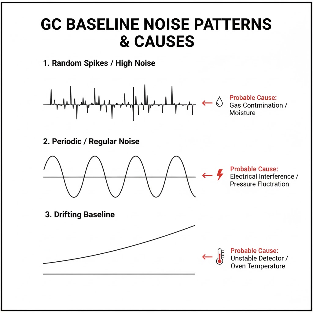 اینفوگرافیک الگوهای مختلف نویز خط پایه در GC و ارتباط آن با علل احتمالی