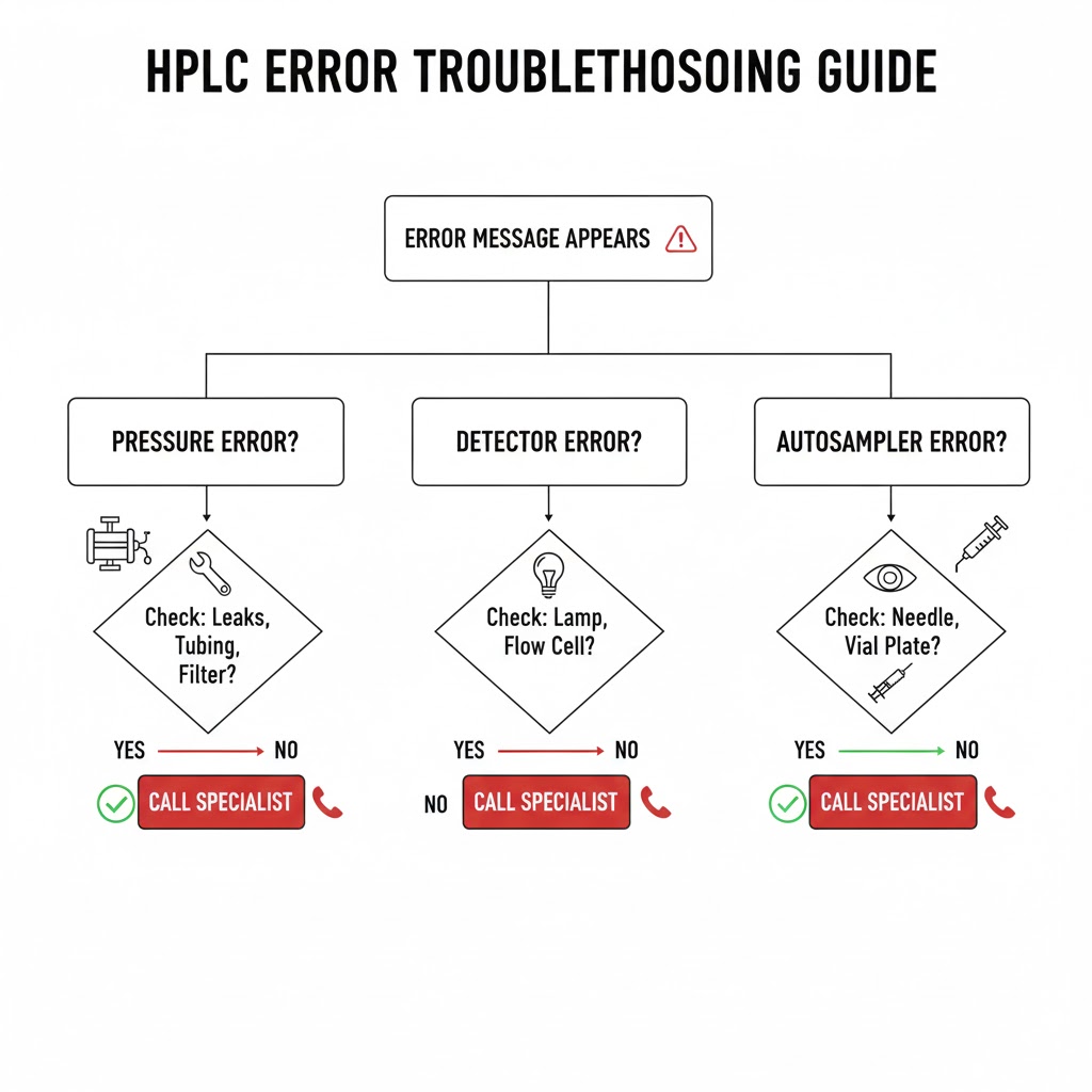 نمودار درختی (فلوچارت) برای تشخیص و عیب یابی سریع خطاهای رایج HPLC بر اساس نوع پیام