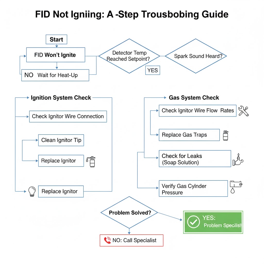 نمودار فلوچارت چک لیست گام به گام عیب یابی مشکل روشن نشدن دتکتور FID