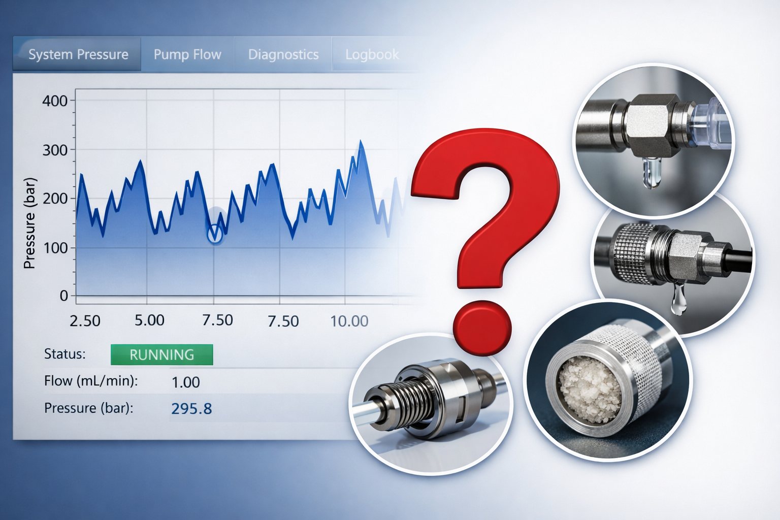 علل اصلی نوسان فشار در HPLC: حباب هوا، نشتی، خرابی چک والو و انسداد