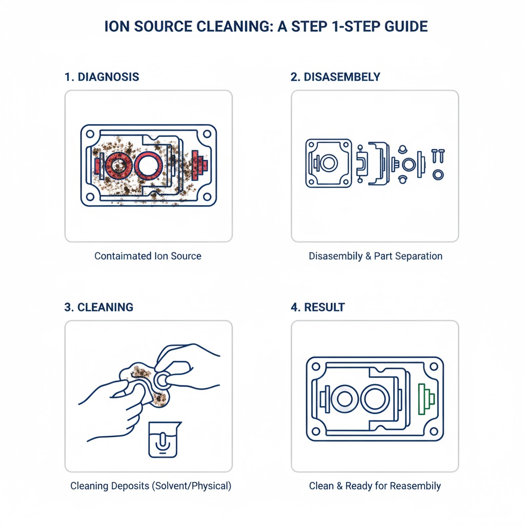 مقایسه شدت سیگنال و طیف جرمی قبل و بعد از تمیزکاری منبع یونی در GC-MS