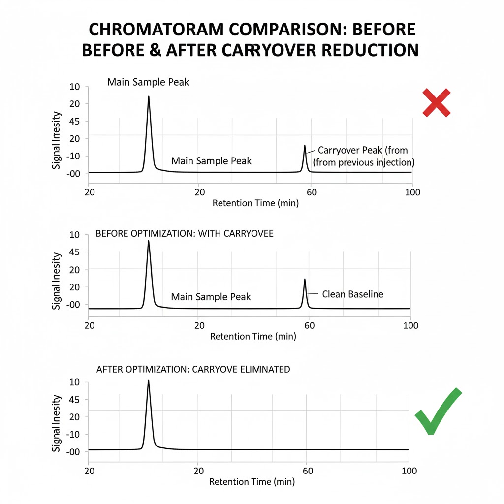 نمودار مقایسه کروماتوگرام قبل و بعد از رفع مشکل Carryover با بهینه سازی Wash