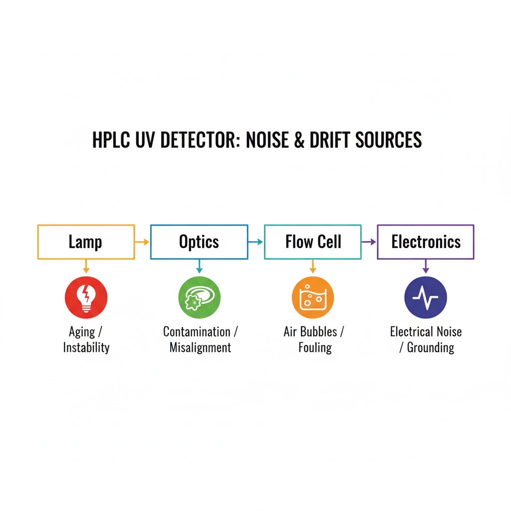 نمودار بلوکی دتکتور UV و نشان دادن منابع اصلی ایجاد نویز و دریفت در هر بخش