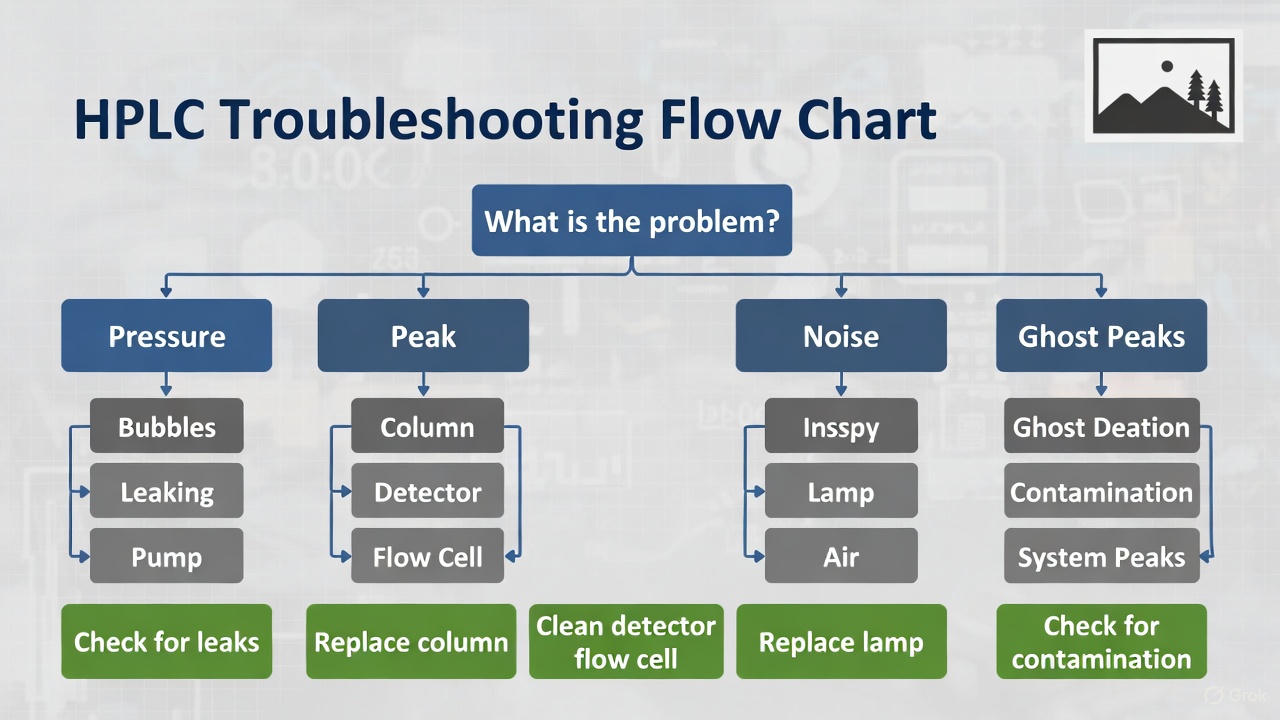 نمودار فرآیند عیب&zwnj;یابی مرحله&zwnj;به&zwnj;مرحله مشکلات رایج HPLC مانند نوسان فشار و نشتی